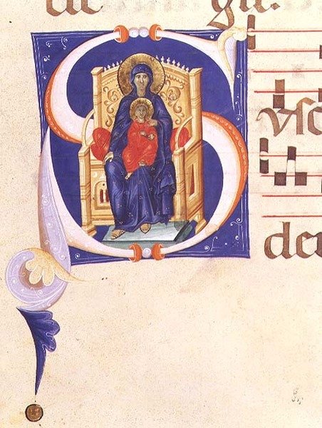 Ms 562 f.16r A 14. század eleji San Jacopo di Ripoli kolostorból származó, történeti kezdetű „S” betű, amely Madonnát és a trónoló gyermeket ábrázolja alkotó: Giovanni (follower of) Cimabue
