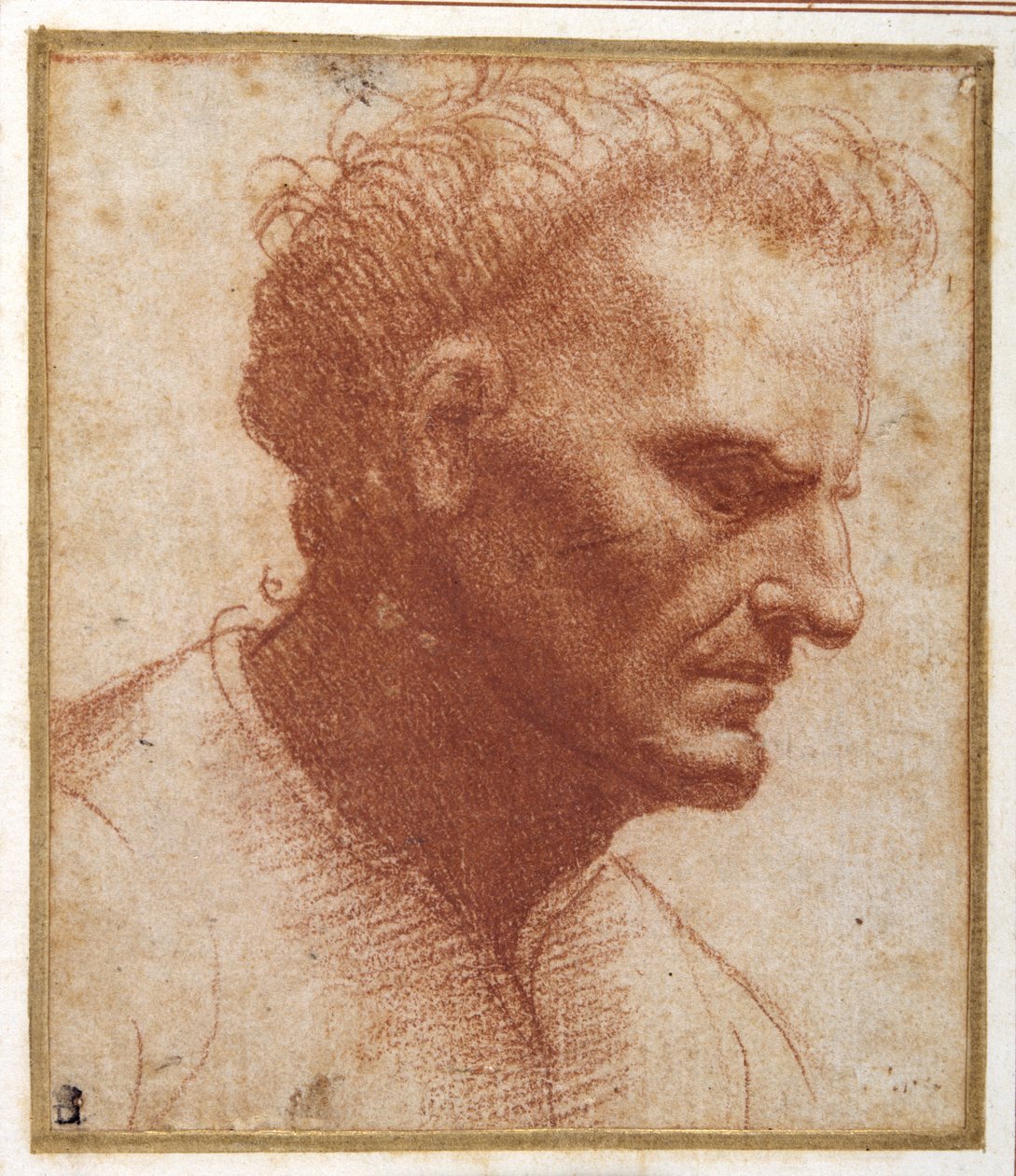 Egy szakálltalan férfi feje lefelé néz (piros kréta papíron) alkotó: Giovanni Agostino da Lodi