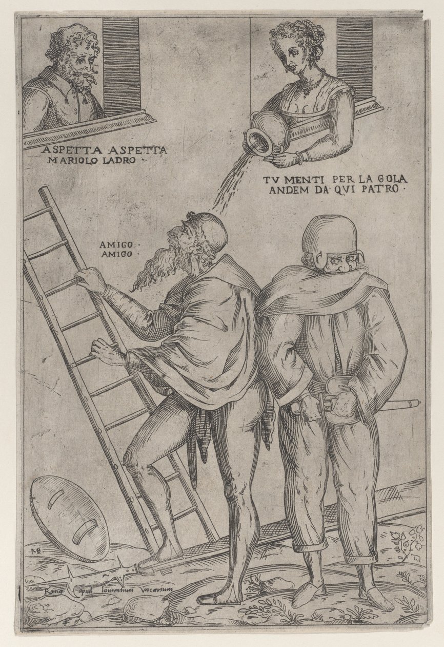 Egy férfi felmászik a létrán, míg egy nő felülről szórja rá a vizet, 1575-99. alkotó: Giovanni Ambrogio Brambilla
