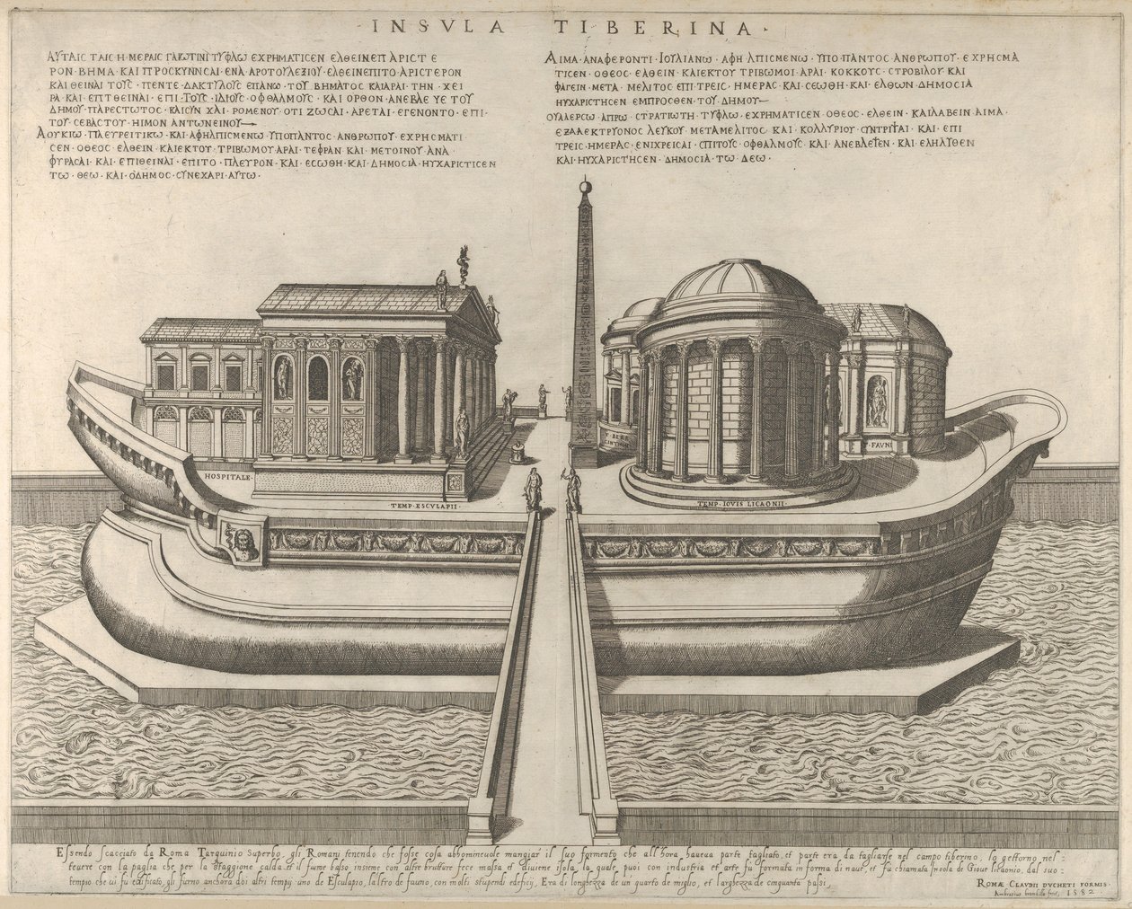 Kilátás a Tiberis-szigetre hajóként ábrázolva, balra Aesculapius temploma, 1582., 1582. alkotó: Giovanni Ambrogio Brambilla