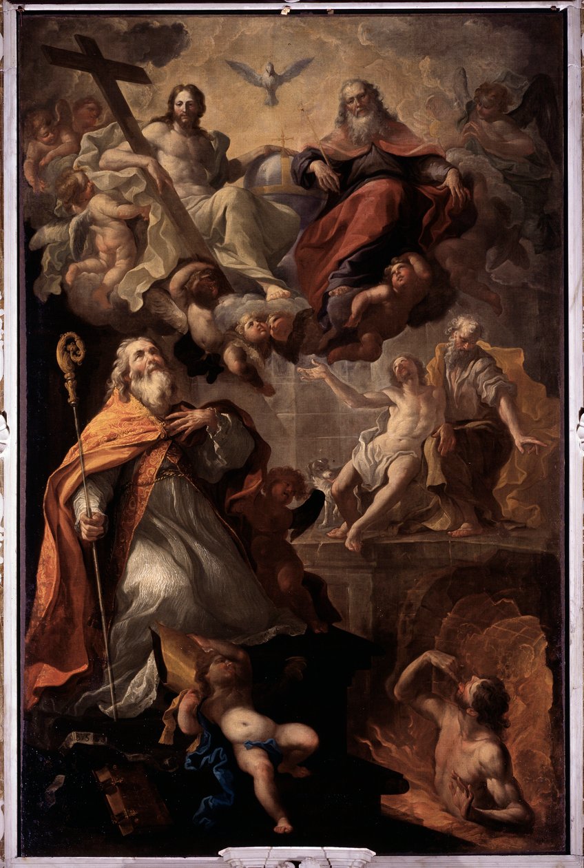 Bari Szent Miklós és a Szentháromság Isten, Jézus Krisztus és a Szentlélek galambjának ábrázolása (Bari Szent Miklós és a Szentháromság) Andrea Carlone (1639-1697) festménye Santa Margherita templom, Santa Margherita Ligure Olaszország alkotó: Giovanni Andrea Carlone