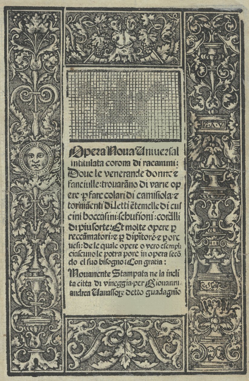 Opera Nova Universali intitulata Corona di racammi, címlap recto, [1530]. alkotó: Giovanni Andrea Vavassore