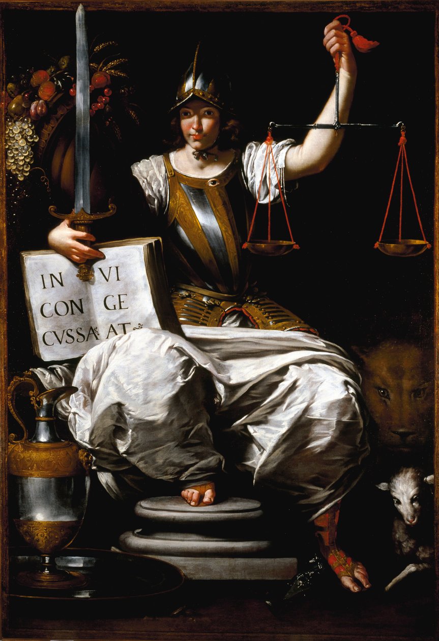 Az igazságosság allegóriája, mint egy kardot és mérleget tartó nő, Giovanni Andrea de Ferrari festménye (kb. 1598-1669) 17. századi genes, Galleria di Palazzo Bianco alkotó: Giovanni Andrea di Ferrari
