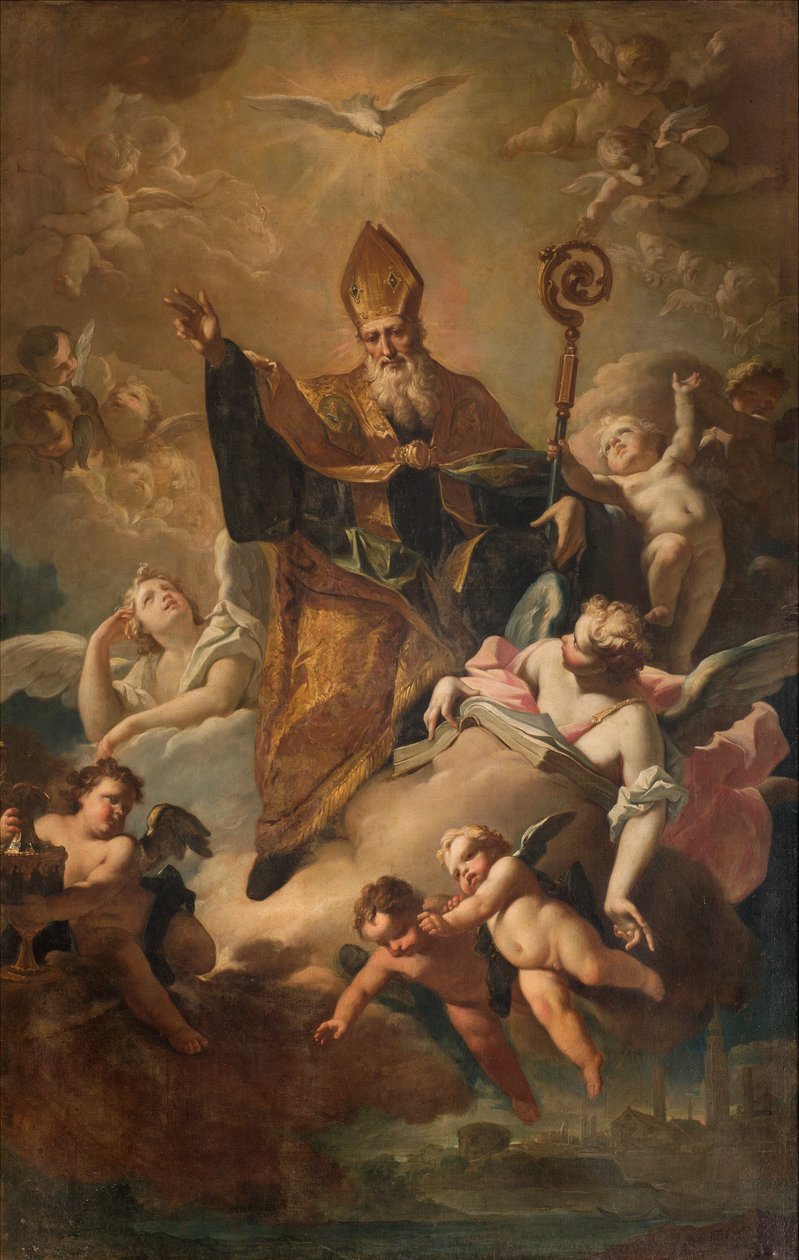Déli kereszthajó, San Benedetto oltára, Szent Benedek Gloriában a város megáldása közben, Giovanni Angelo Borroni oltárképe, San Benedetto in Gloria a város megáldása közben 1744 alkotó: Giovanni Angelo Borroni
