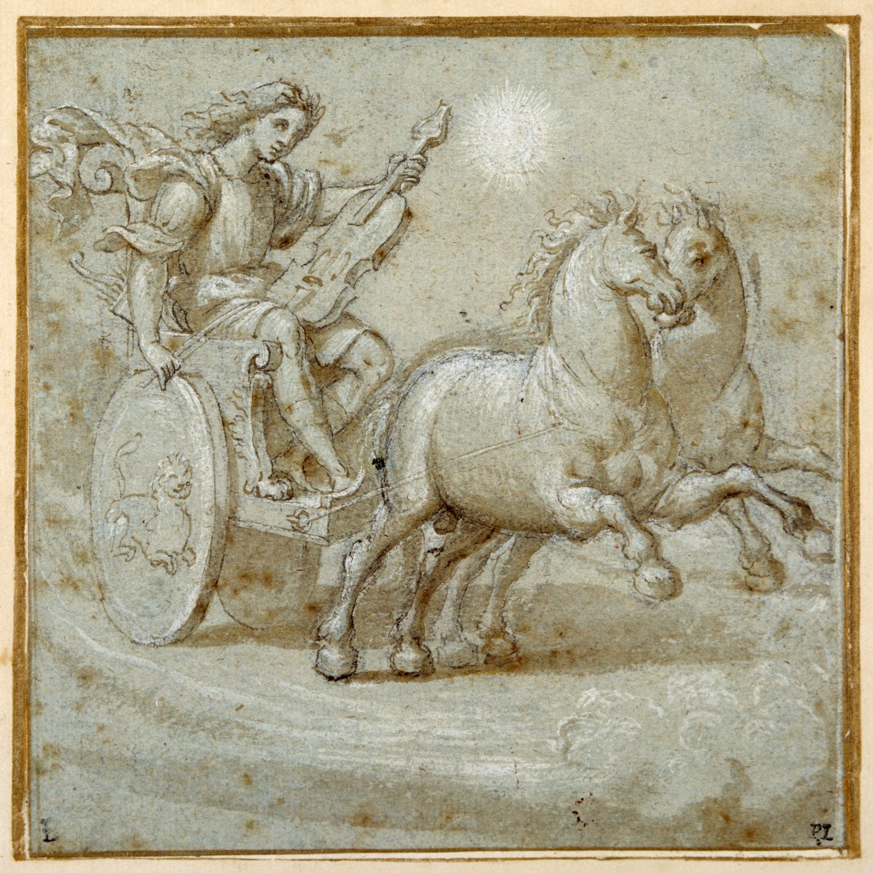 Apolló a szekerén ül hegedűjével (fekete kréta, toll és barna tinta barna mosással, fehér testszínnel megerősítve a carta azzurrán) alkotó: Giovanni Antonio (circle of) Pordenone