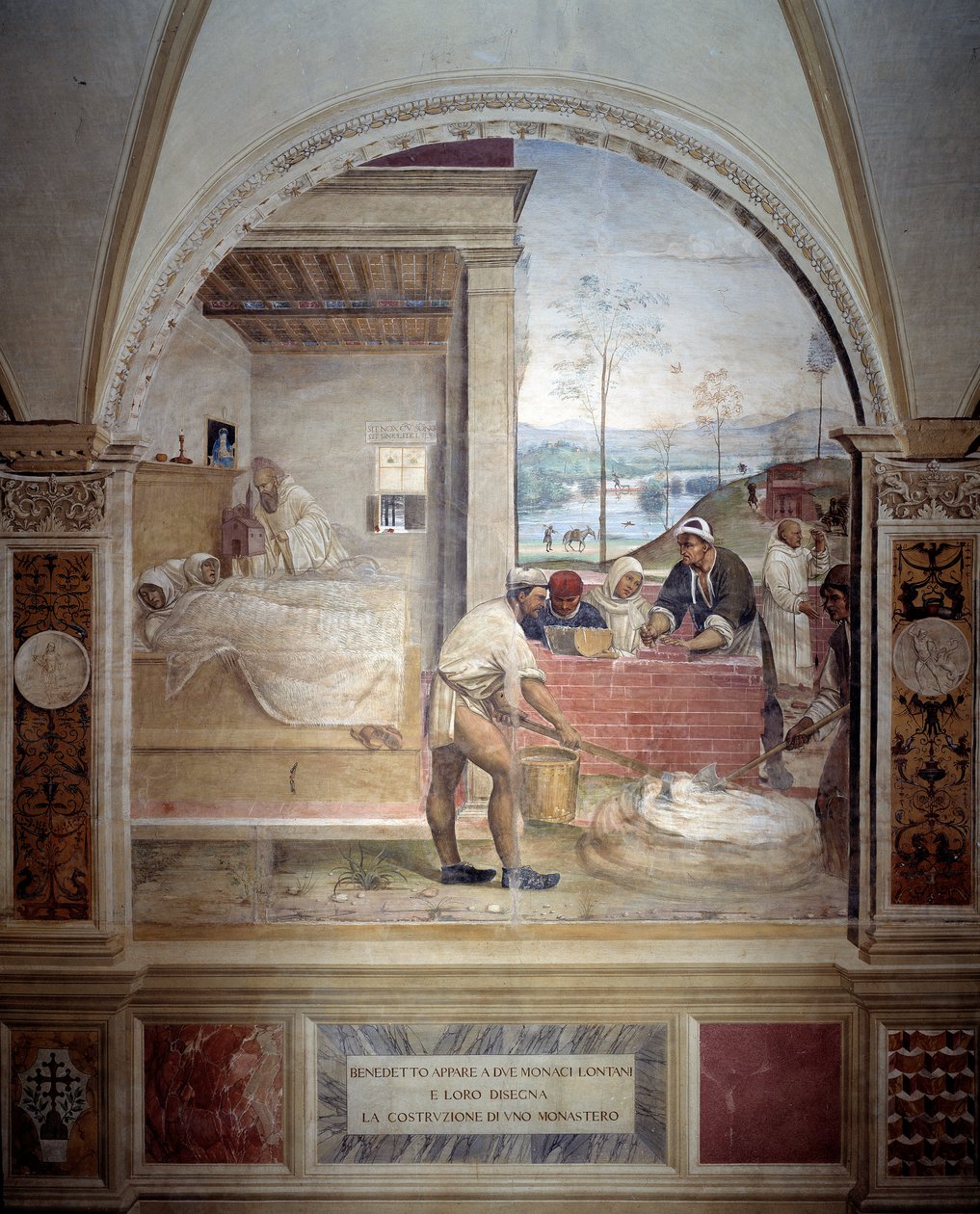 Benedek megjelenik két szerzetesnek, és bemutatja nekik Antonio Bazzi dit il Sodoma (1477 - 1549) kolostori freskóját, amely Nursie-i Szent Benedek (480 - 567), a Bencés Rend 1503-as alapítója életét meséli el. 1508 Ab alkotó: Giovanni Antonio Bazzi Sodoma
