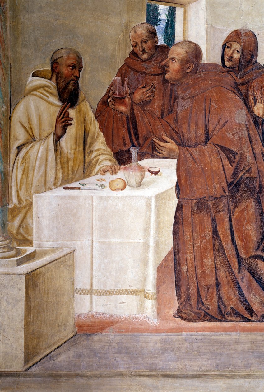 Benedek megtör egy pohár mérgezett bort a kereszt jelével. A bencés rend alapítója, Nursiai Szent Benedek (480-567) életét bemutató Giovan Antonio Bazzi di Sodoma (1477-1549) kolostorának részletfreskója. 1505-15 alkotó: Giovanni Antonio Bazzi Sodoma