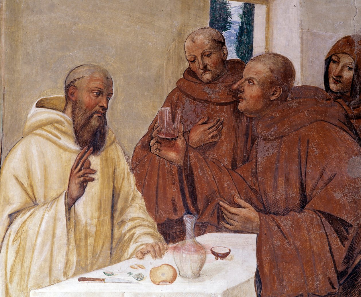 Benedek megtör egy pohár mérgezett bort a kereszt jelét készítve Antonio Bazzi dit il Sodoma (1477 - 1549) kolostorának részletfreskója Nursie-i Szent Benedek (480 - 567), a Bencés Rend 1503-as alapítója életét meséli el. - 1508 alkotó: Giovanni Antonio Bazzi Sodoma