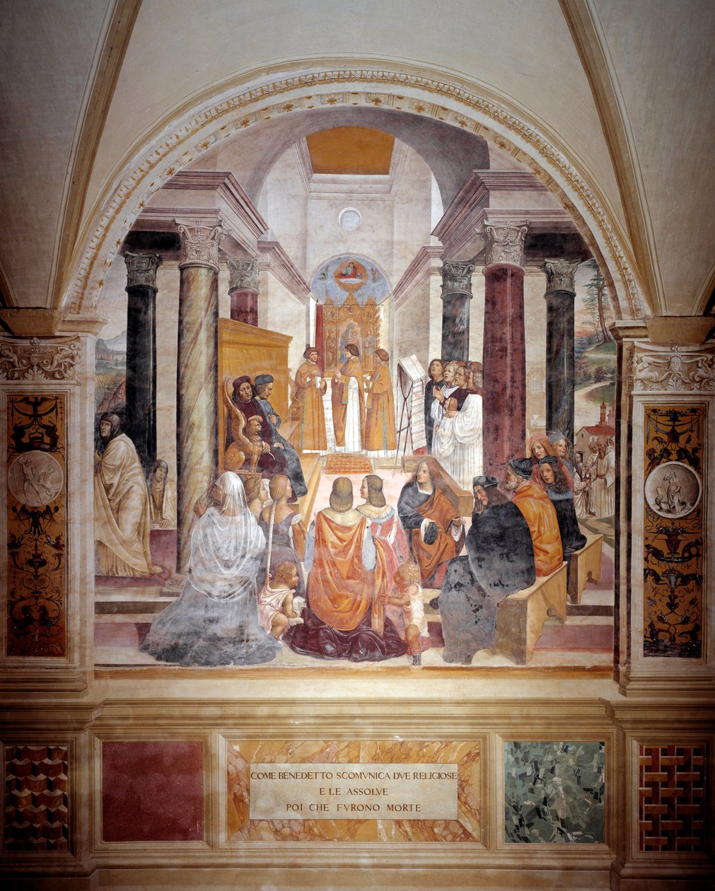 Benedek kiközösített két apácát, és haláluk után felmenti őket. Antonio Bazzi dit il Sodoma (1477 - 1549) kolostor freskója Nursiai Szent Benedek (480 - 567), a Bencés Rend 1503 - Ab 1508 alapítója életét meséli el. alkotó: Giovanni Antonio Bazzi Sodoma