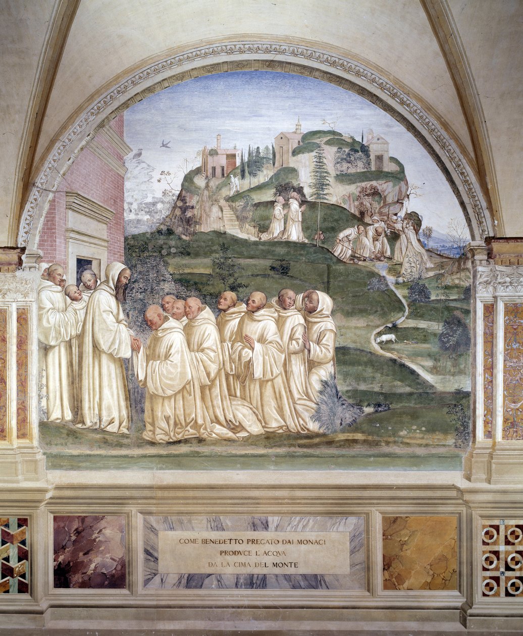 Benedek forrást gyújtott a hegy tetején Antonio Bazzi dit il Sodoma (1477 - 1549) kolostor freskója Nursie-i Szent Benedek (480 - 567), a Bencés Rend alapítója, 1503 - 1508 apátság életét meséli el. Monte Oliveto alkotó: Giovanni Antonio Bazzi Sodoma