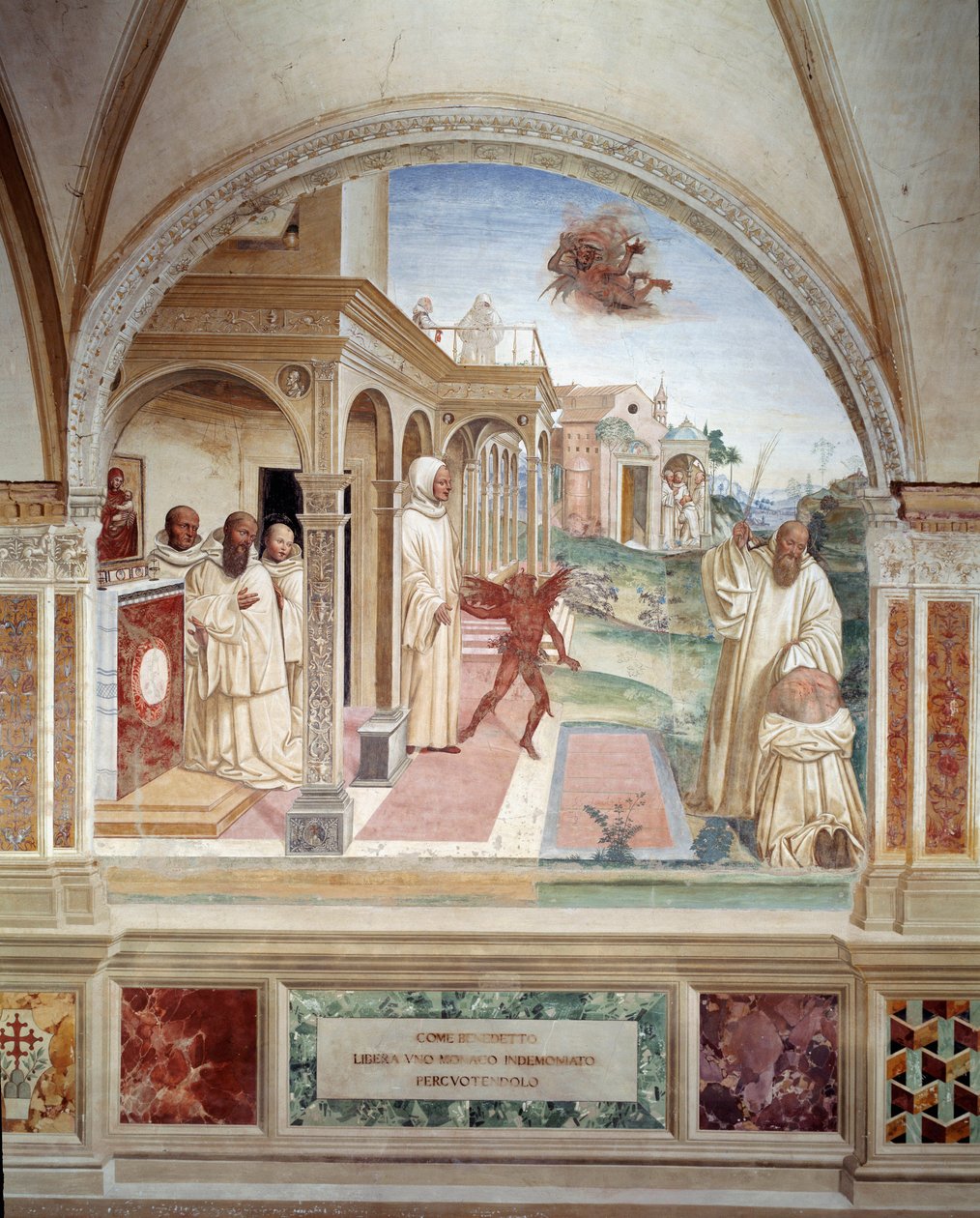 Benoit felszabadít egy démon által megszállt szerzetest (Szent Benedek kiszabadít egy ördögtől megszállt embert) Antonio Bazzi dit il Sodoma (1477 - 1549) által készített kolostor freskója Nursie-i Szent Benedek (480 - 567) alapítójának életét meséli el. a alkotó: Giovanni Antonio Bazzi Sodoma