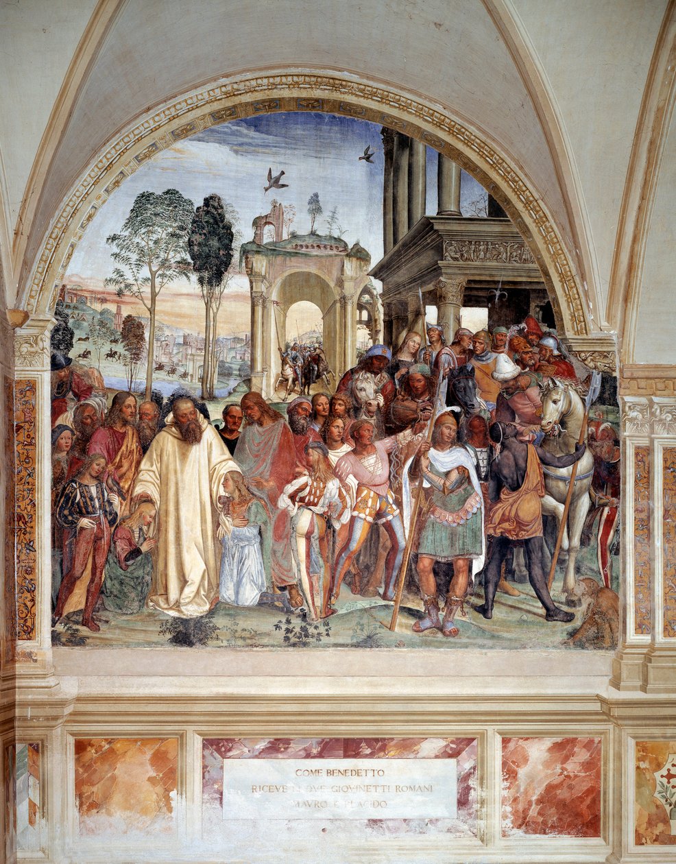 Benoit megkapja a két fiatal rómait, Maurot és Placide-ot (Szent Benedek megkapja a két regényes fiút, Maurót és Placidót) Antonio Bazzi dit il Sodoma (1477-1549) kolostorfreskója Nursie-i Szent Benedek (480-567) alapítójának életét meséli el. a th alkotó: Giovanni Antonio Bazzi Sodoma