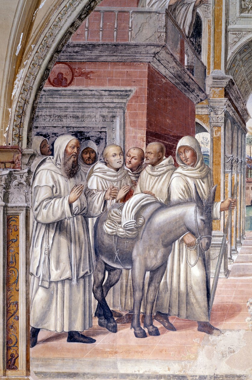 Florent prostituáltakat küldött a kolostorba (Florenzo kurtizánokat küld a Szent Benedek kolostorba) Antonio Bazzi dit il Sodoma (1477 - 1549) kolostorának részletfreskója, amely a rendalapító Szent Benedek (480 - 567) életét meséli el. alkotó: Giovanni Antonio Bazzi Sodoma