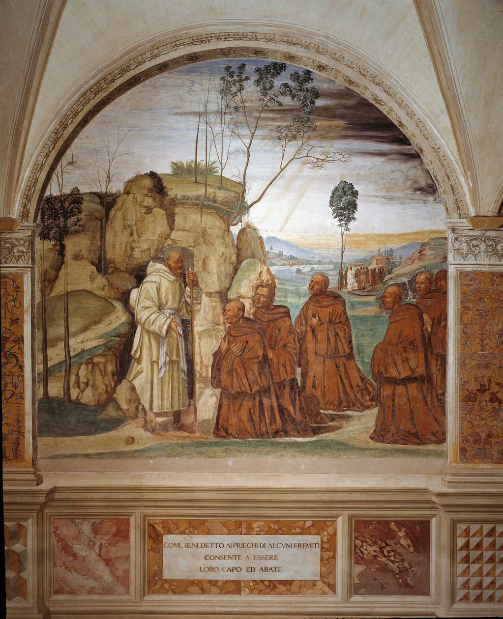 Hogyan válaszol Benedek a remeték imájára, és vállalja, hogy vezetőjük legyen? Antonio Bazzi dit il Sodoma (1477 - 1549) által készített kolostor freskója Nursie-i Szent Benedek (480 - 567), a Bencés Rend alapítója életét meséli el 1503 alkotó: Giovanni Antonio Bazzi Sodoma