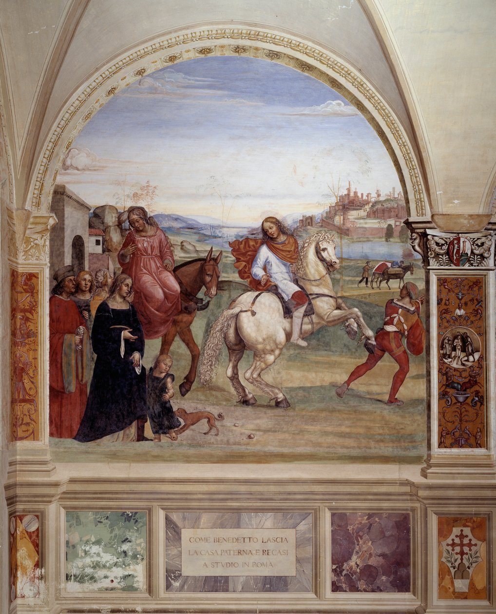 „Hogyan hagyta el Benedek az apai házat, és ment Rómába tanulni” (Benedek elhagyta apai házát, és Rómába ment tanulni) Antonio Bazzi dit il Sodoma (1477-1549) kolostori freskója Nursiai Szent Benedek életét meséli el ( 480 - 567) alapított alkotó: Giovanni Antonio Bazzi Sodoma