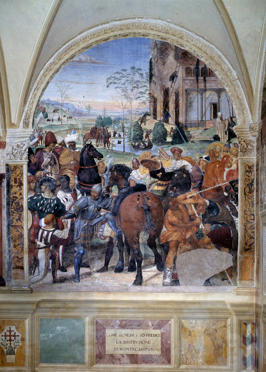Hogyan jósolja Benedek a Monte Cassino pusztulását (Szent Benedek a Monte Cassino pusztulását) Részlet - Antonio Bazzi dit il Sodoma (1477 - 1549) kolostor freskója Nursie-i Szent Benedek (480 - 567) életét meséli el. alkotó: Giovanni Antonio Bazzi Sodoma