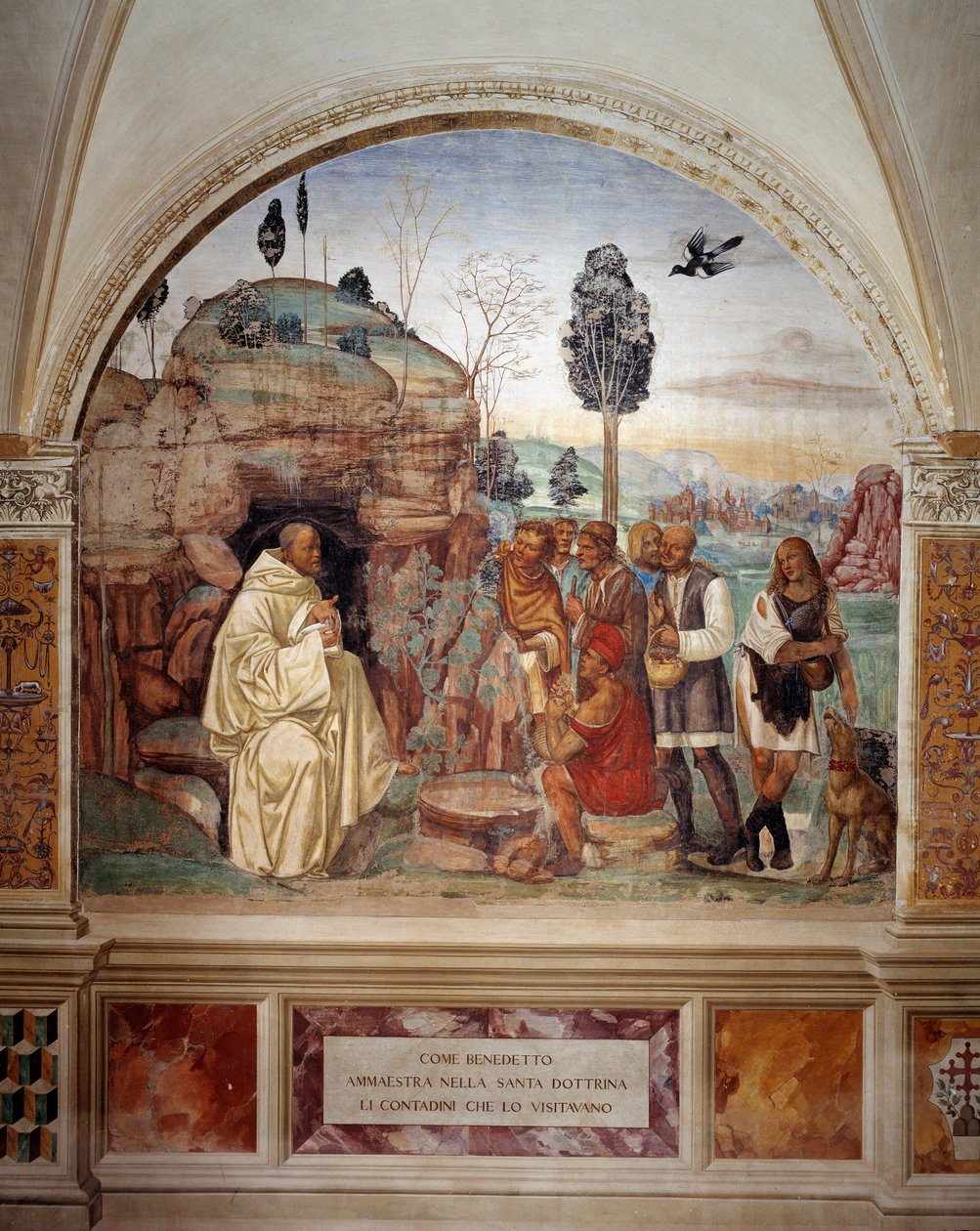 Hogyan tanítja Benedek a szent tanítást az őt látogató parasztoknak (Szent Benedek tanítja a szent tanítást az őt látogató parasztnak) Antonio Bazzi dit il Sodoma (1477 - 1549) kolostor freskója, amely Ápolók Szent Benedek életét meséli el alkotó: Giovanni Antonio Bazzi Sodoma