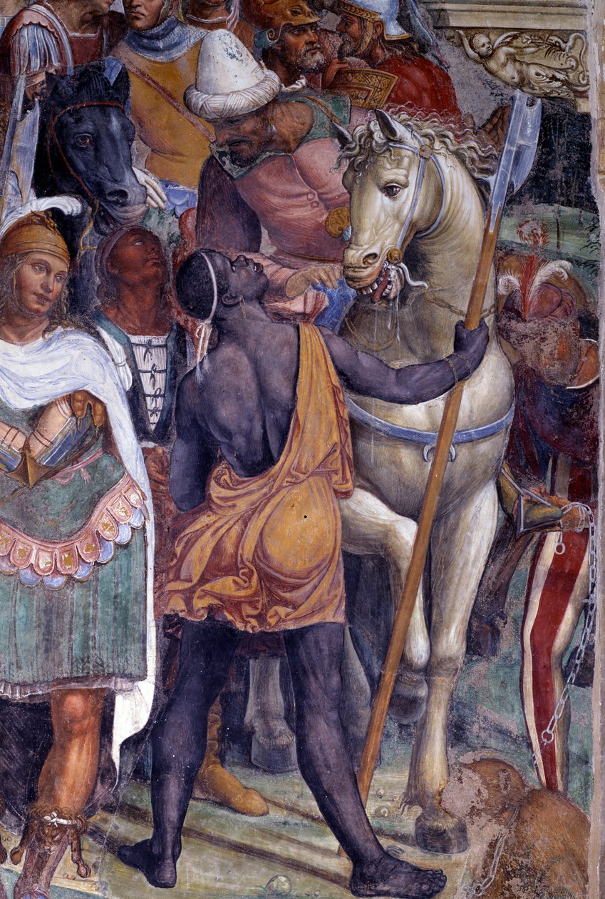 Hogyan találkozik Benoit a két fiatal rómaival, Maurussal és Placide-dal (a Szent Benedek találkozik a Maurus és Placid című fiatal regényekkel) A fiatal férfiak kíséretének részlete - Antonio Bazzi dit il Sodoma (1477-1549) freskója Szent életéről mesél B alkotó: Giovanni Antonio Bazzi Sodoma