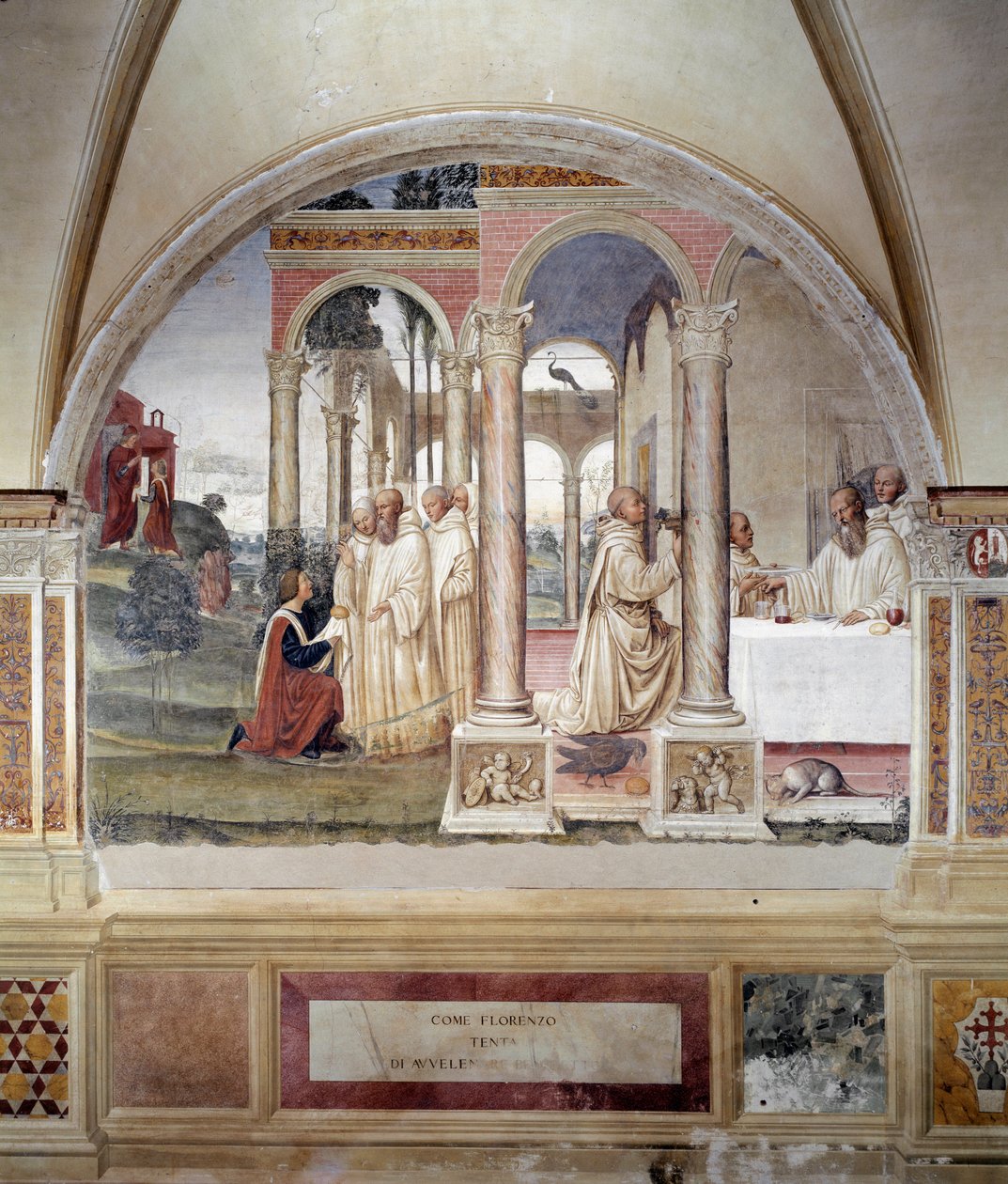 Hogyan próbálja Florent megmérgezni Benoitot (Hogyan próbálja Fiorenzo megmérgezni Szent Benedeket) - Antonio Bazzi dit il Sodoma (1477 - 1549) falfreskója Szent Benedek (480 - 567) életét meséli el, a bencés rend alapítója 1508-ban - Abbey 1508 a Monte Ol alkotó: Giovanni Antonio Bazzi Sodoma