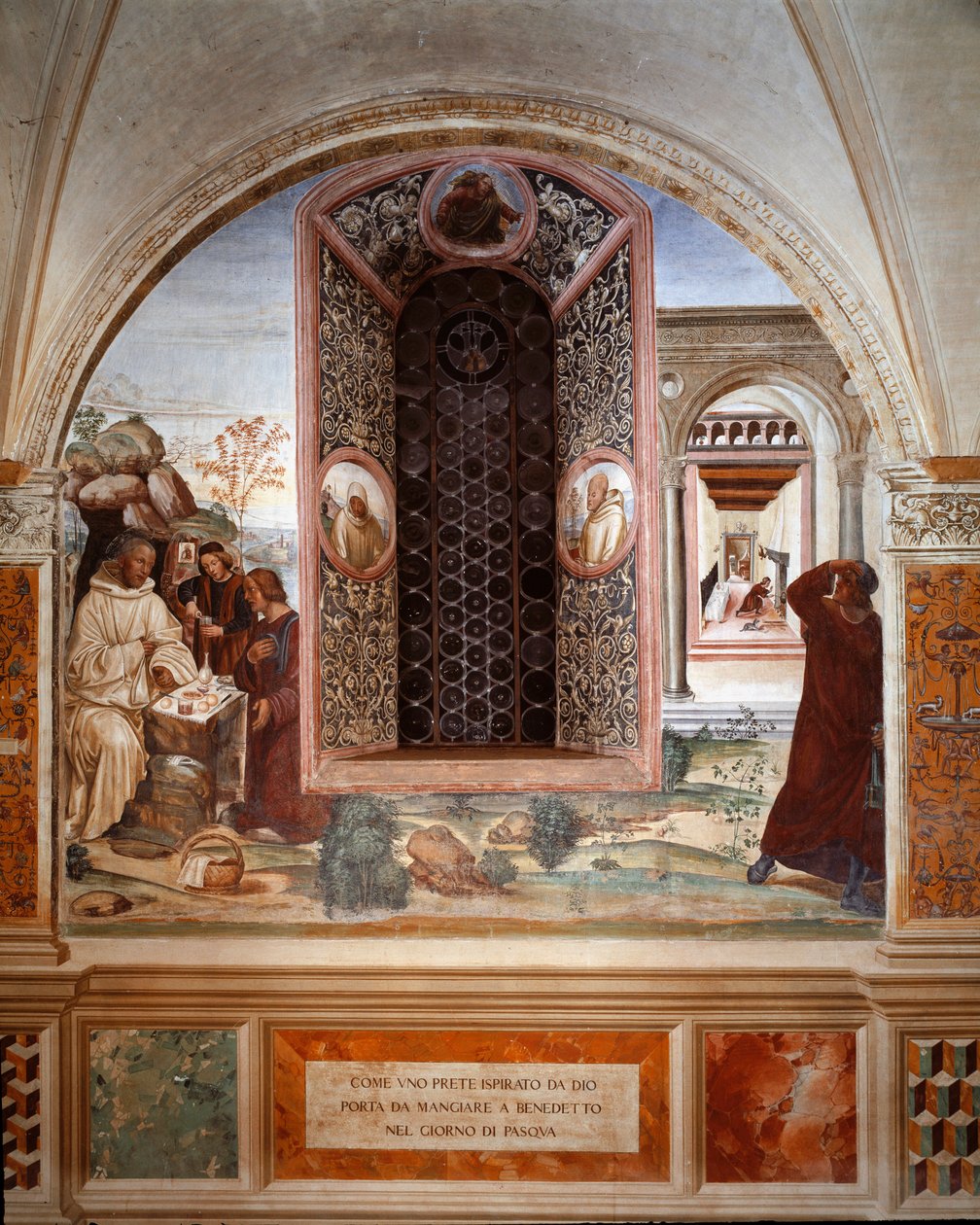 Hogyan vitt egy pap ételt Benedeknek húsvétkor - Antonio Bazzi dit il Sodoma (1477 - 1549) kolostor freskója Nursiai Szent Benedek (480 - 567), a Bencés Rend alapítója, 1503 - 1508 apátság életét meséli el. Monte Oliveto Ma alkotó: Giovanni Antonio Bazzi Sodoma