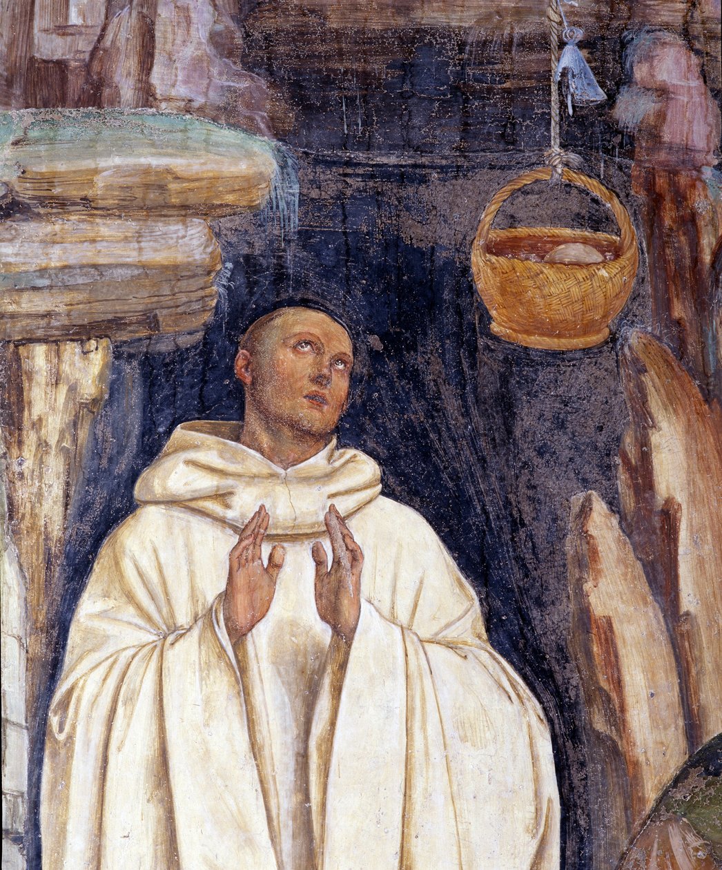 Hogyan törte meg a démon Benoit kosarának harangját (Az ördög eltörte Nursia Szent Benedek kosarának harangját) - Részlet - Antonio Bazzi dit il Sodoma (1477-1549) falfreskója Nursiai Szent Benedek (480) életét meséli el 567) az O. alapítója alkotó: Giovanni Antonio Bazzi Sodoma