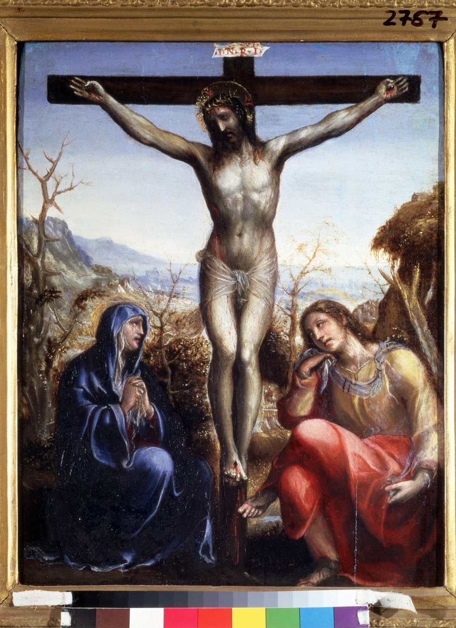 La crucifixion avec la Vierge et Jean Baptiste (A keresztre feszítés Szűzzel és Keresztelő Jánossal). „I.N.R.I.” (INRI) felirat a kereszten. Sodoma (vagy Giovanni Antonio Bazzi) festménye alkotó: Giovanni Antonio Bazzi Sodoma