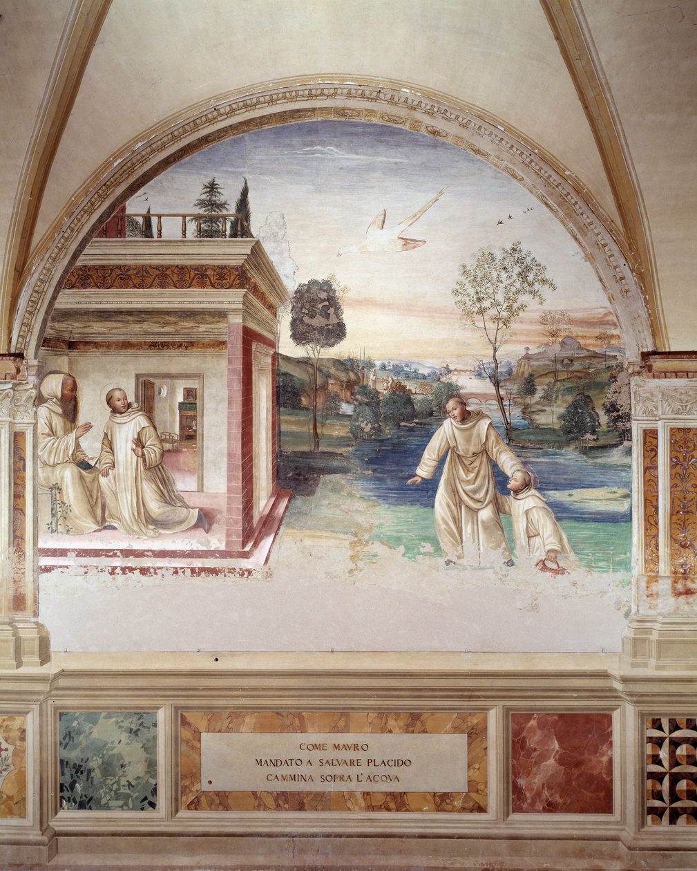 Maur a vízen sétál, hogy megmentse St Placidot (St Maurus vízen jár, hogy megmentse St Placidot) Antonio Bazzi dit il Sodoma (1477 - 1549) által készített kolostorfreskó Nursie-i Szent Benedek (480 - 567) alapítója életét meséli el. a Bencés Rend alkotó: Giovanni Antonio Bazzi Sodoma