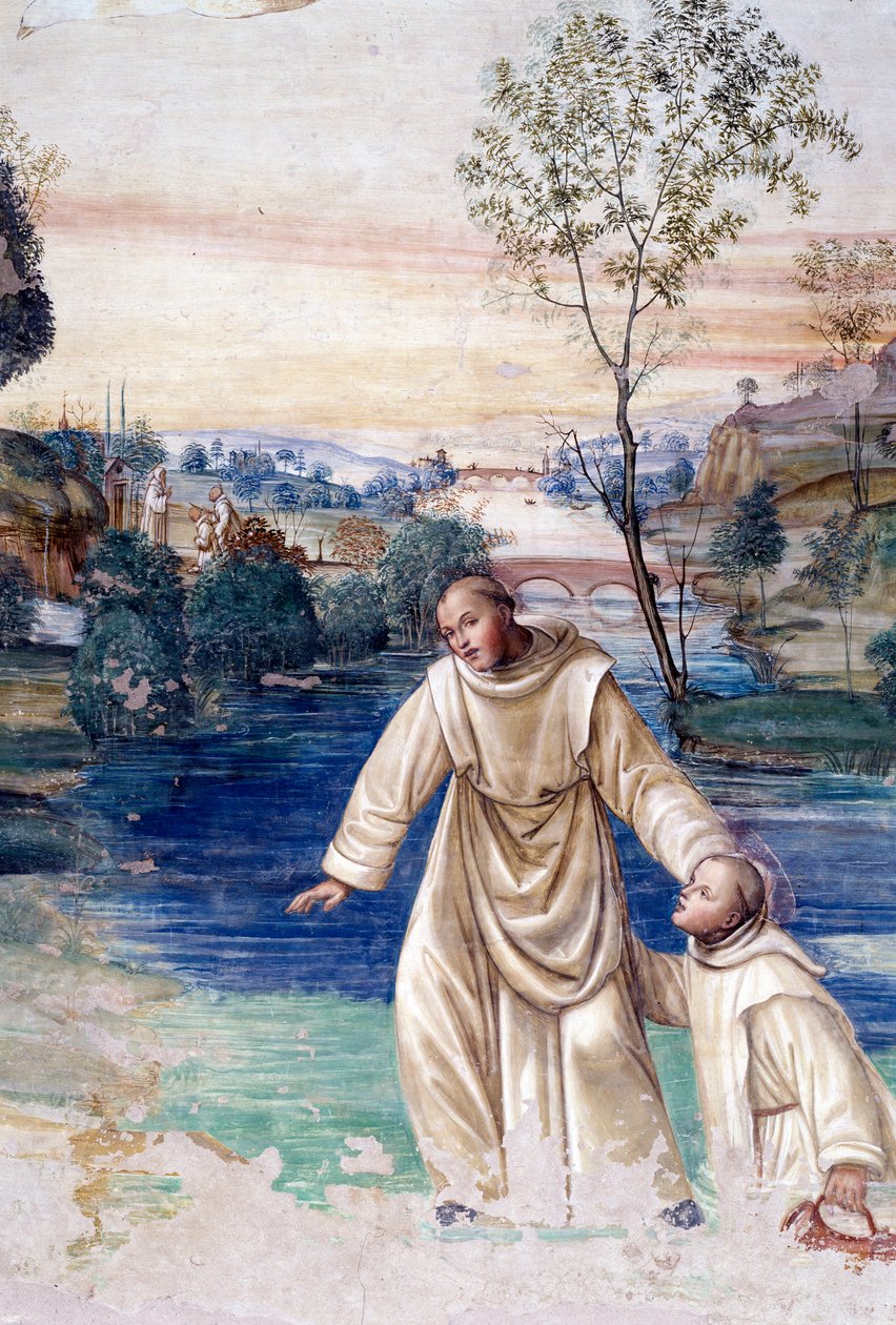 Maur a vízen sétál, hogy megmentse a St Placid részlet kolostort Antonio Bazzi dit il Sodoma (1477-1549) freskója Nursie-i Szent Benedek (480-567), a Bencés Rend alapítójának életét meséli el 1503-1508, Florere-i Floren-i apátság, Oliveto Maggi. alkotó: Giovanni Antonio Bazzi Sodoma