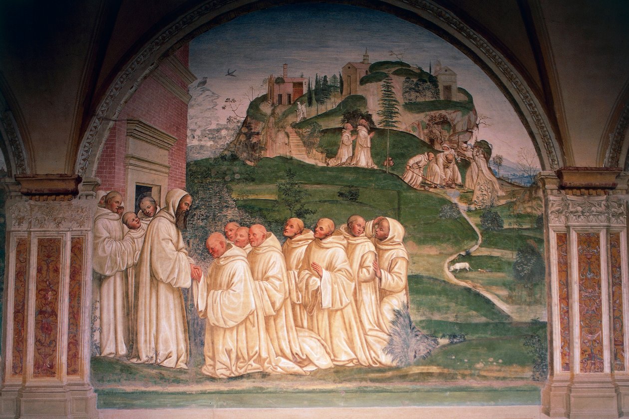 Szent Benedek, akit szerzetesek könyörögnek, vizet termel a hegy tetejéről, jelenet a Monte Oliveto Maggiore-i Szent Benedek történeteiből alkotó: Giovanni Antonio Bazzi Sodoma