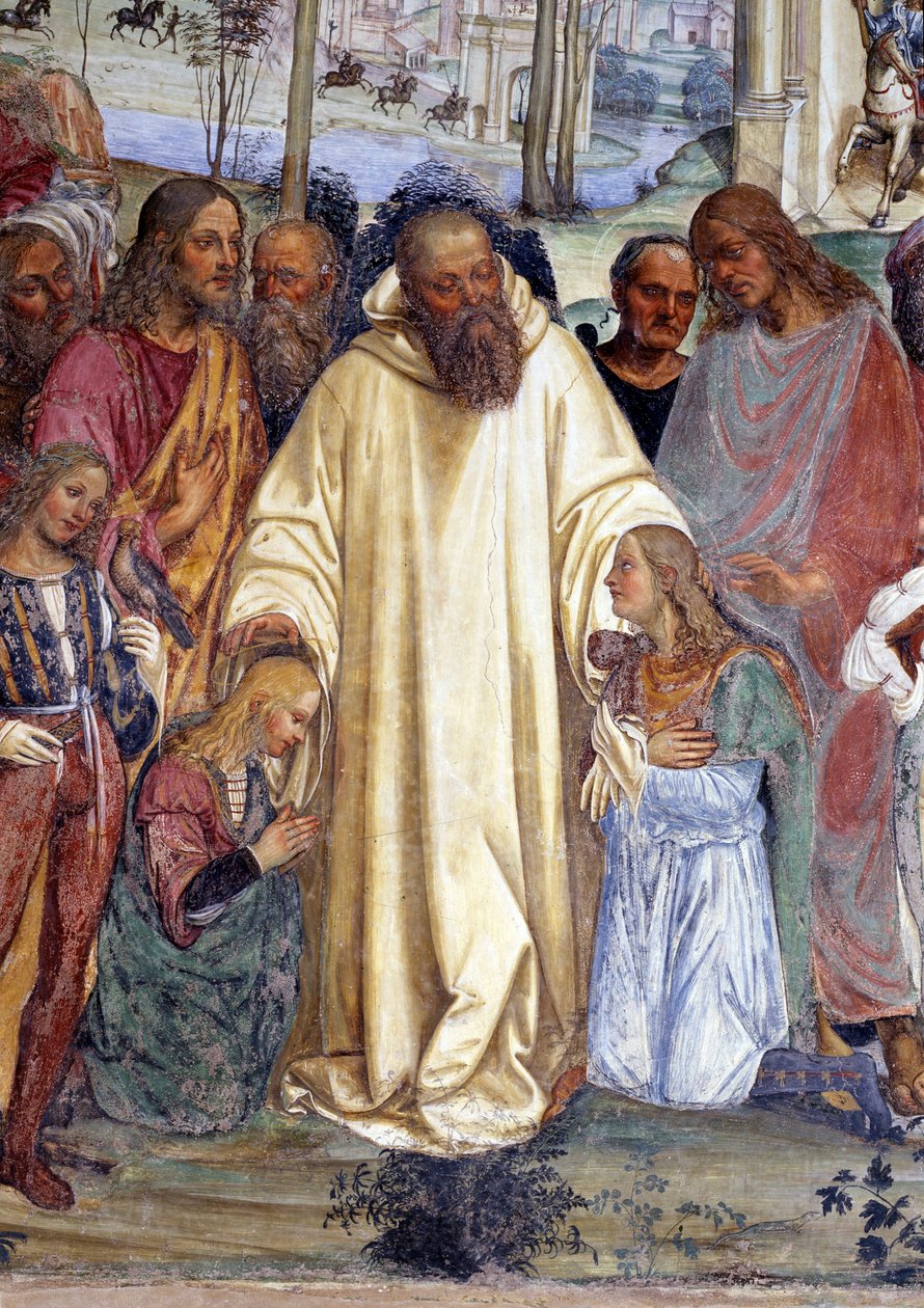 Szent Benedek fogad két római fiatalt, Maurust és Placide-ot (a Szent Benedek találkozik két fiatal regényével, Maurusszal és Placiddal) Antonio Bazzi dit il Sodoma (1477 - 1549) kolostorának részletfreskója Nursie-i Szent Benedek (480 -) életét meséli el. alkotó: Giovanni Antonio Bazzi Sodoma