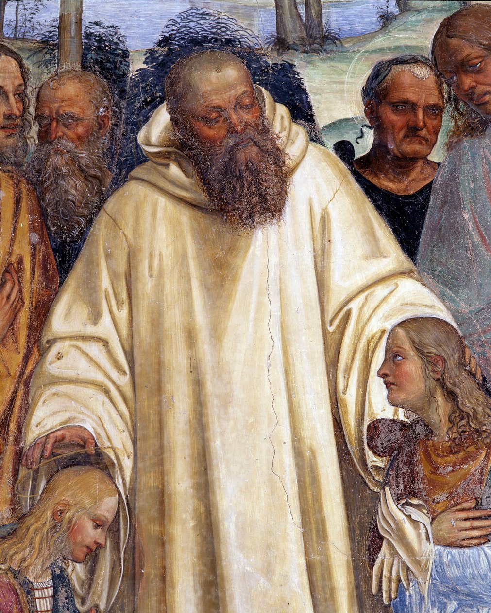 Szent Benedek fogad két római fiatalt, Maurust és Placide-ot (a Szent Benedek találkozik két fiatal regényével, Maurusszal és Placiddal) Antonio Bazzi dit il Sodoma (1477 - 1549) kolostorának részletfreskója Nursie-i Szent Benedek (480 -) életét meséli el. alkotó: Giovanni Antonio Bazzi Sodoma