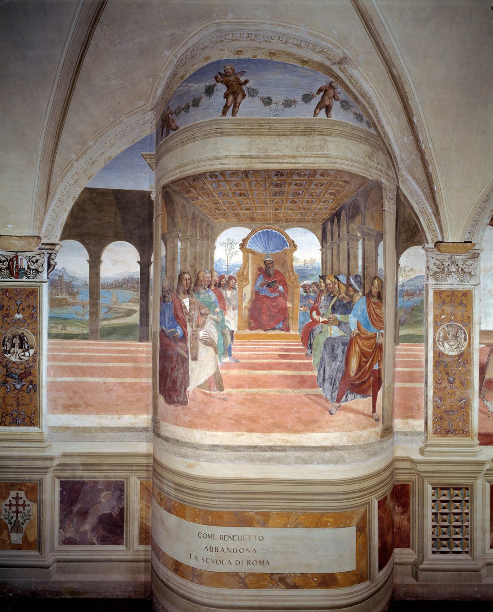 Szent Benedek elhagyja a római iskolai kolostor freskóját, amelyet Antonio Bazzi dit il Sodoma (1477-1549) készített, és Nursie-i Szent Benedek (480-567) életét meséli el, a Bencés Lovagrend alapítója 1503-1508. , alkotó: Giovanni Antonio Bazzi Sodoma