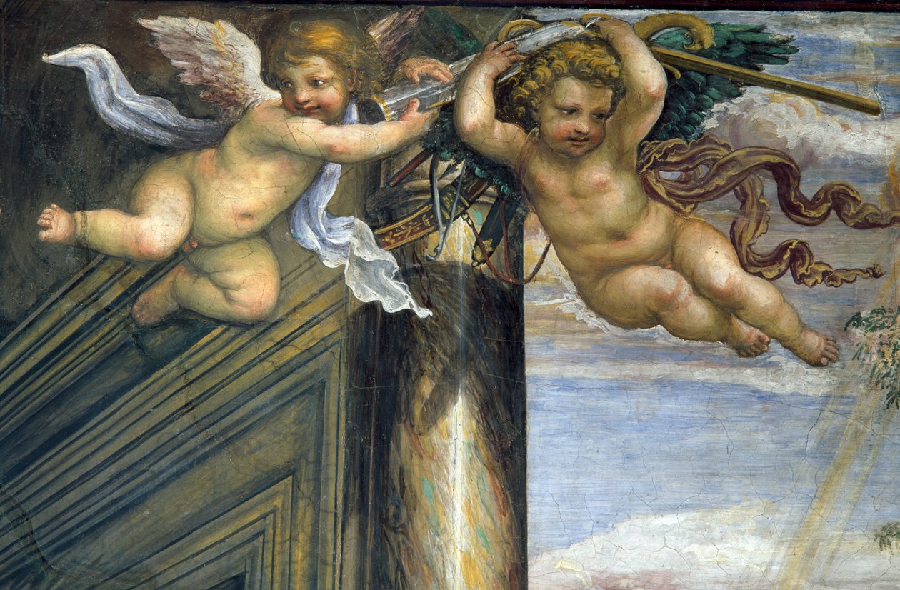 A Sala delle Nozze di Alessandro e Rossana Nagy Sándor házasságának terme (Kr. e. 356-323) és Roxanne két repülő putti részlete, 1513 körüli freskórészlet 107224-ből alkotó: Giovanni Antonio Bazzi Sodoma