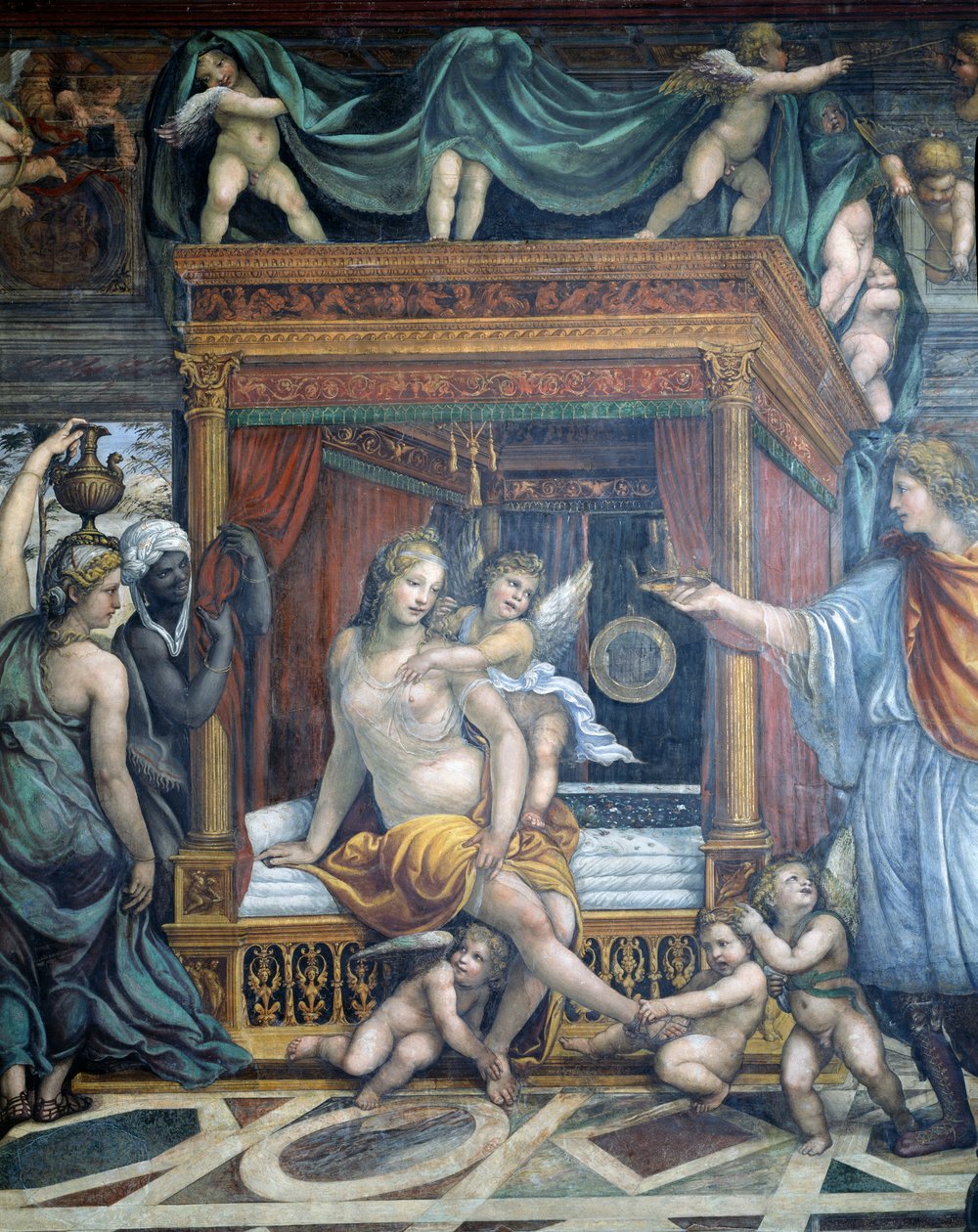 A Sala delle Nozze di Alessandro e Rossana Nagy Sándor házasságának terme (i. e. 356-323) és Roxanne részlete Roxanne hálószobájában, amelyet Sándor koronával ajándékoz meg, 1513 körül fr. alkotó: Giovanni Antonio Bazzi Sodoma