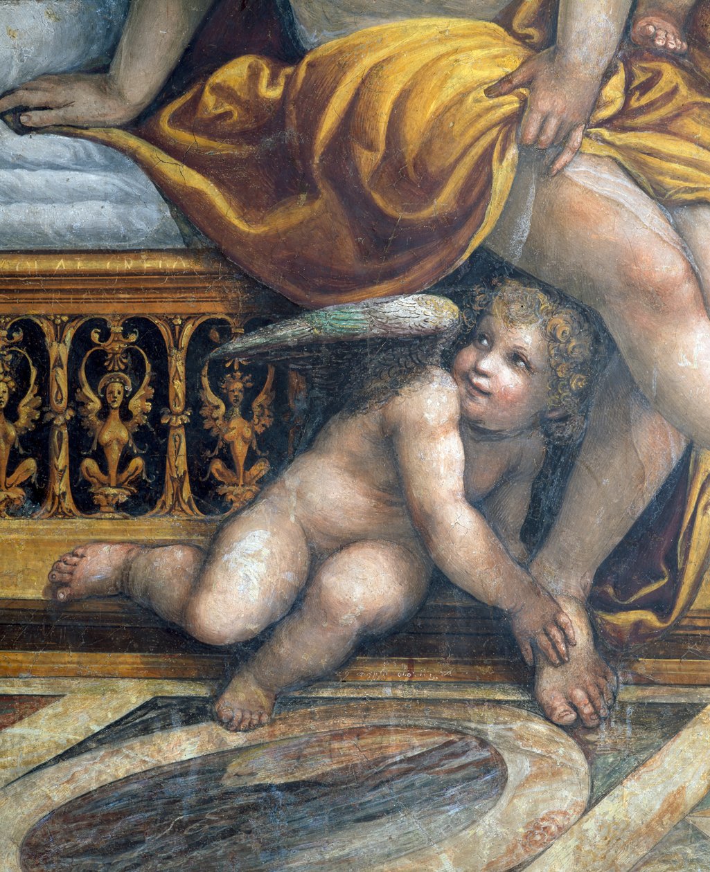 A Sala delle Nozze di Alessandro e Rossana Nagy Sándor házasságának terme (Kr. e. 356-323) és Roxanne részlete egy puttóról, amely Roxannes lábai mellett rejtőzik, 1513 körüli freskó részlete 107228-ból alkotó: Giovanni Antonio Bazzi Sodoma