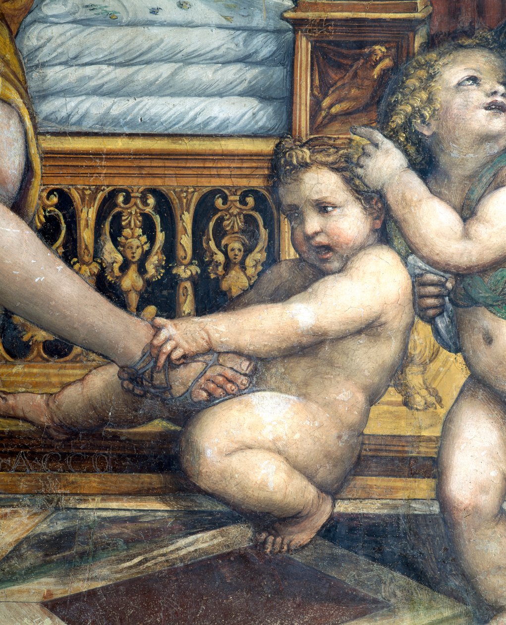A Sala delle Nozze di Alessandro e Rossana Nagy Sándor házasságának terme (Kr. e. 356-323) és Roxanne részlete Roxannes lábát húzó puttóról, 1513 körüli freskórészlet 107228-ból alkotó: Giovanni Antonio Bazzi Sodoma