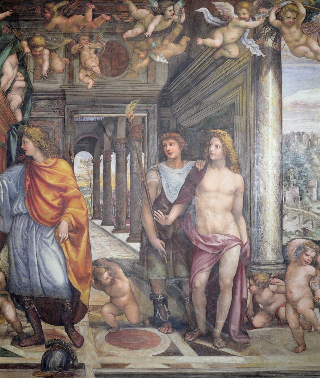 A Sala delle Nozze di Alessandro e Rossana Nagy Sándor házasságának terme (i.e. 356-323) és Roxanne részlete Sándorról és két férfi kísérőről puttival, 1513 körüli freskórészlet 10 alkotó: Giovanni Antonio Bazzi Sodoma
