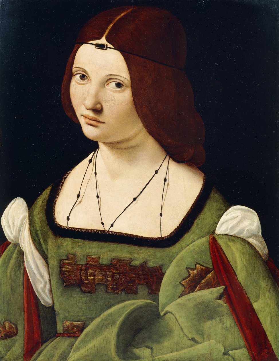 Egy hölgy portréja, állítólag Clarice Pusterla, félalakos, zöld ruhában, alkotó: Giovanni Antonio Boltraffio
