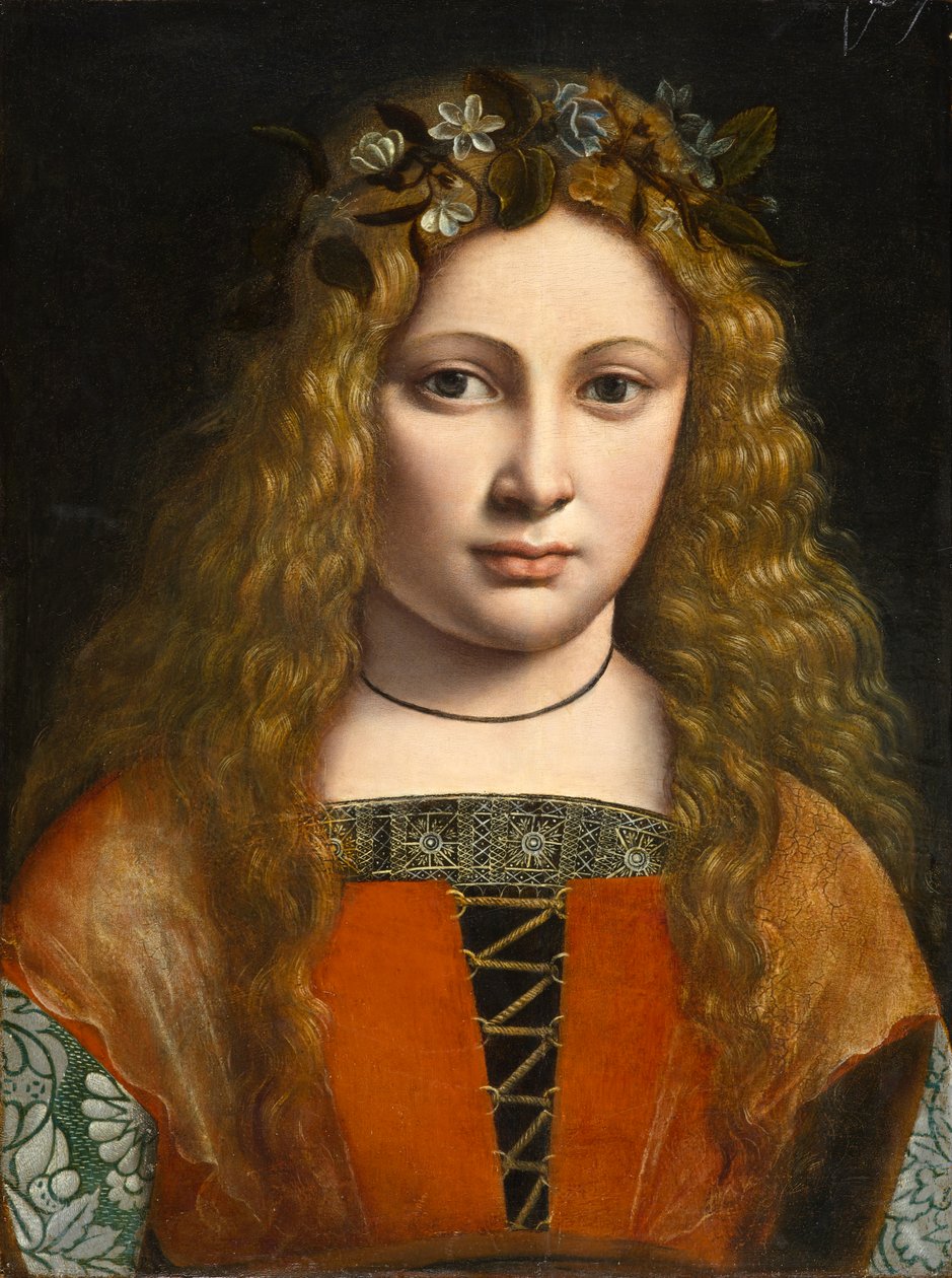 Virágokkal koronás fiatal lány portréja, 1490 körül alkotó: Giovanni Antonio Boltraffio
