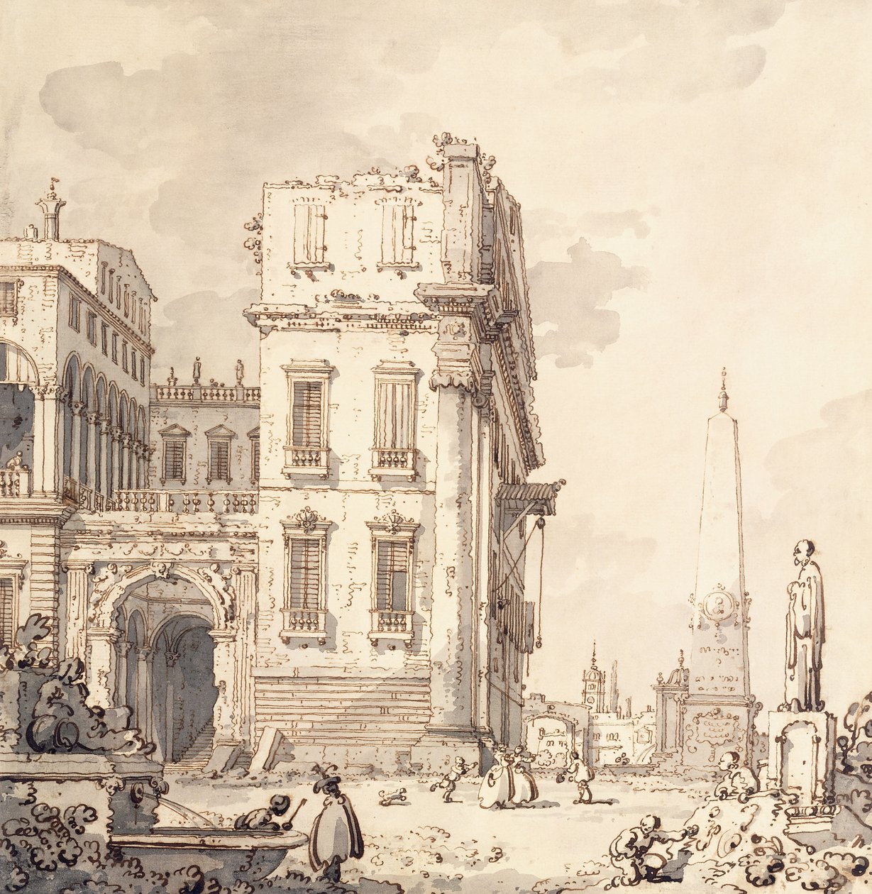 Egy velencei palota capriccioja, kilátással a Piazzára és egy obeliszkre, alkotó: Giovanni Antonio Canal