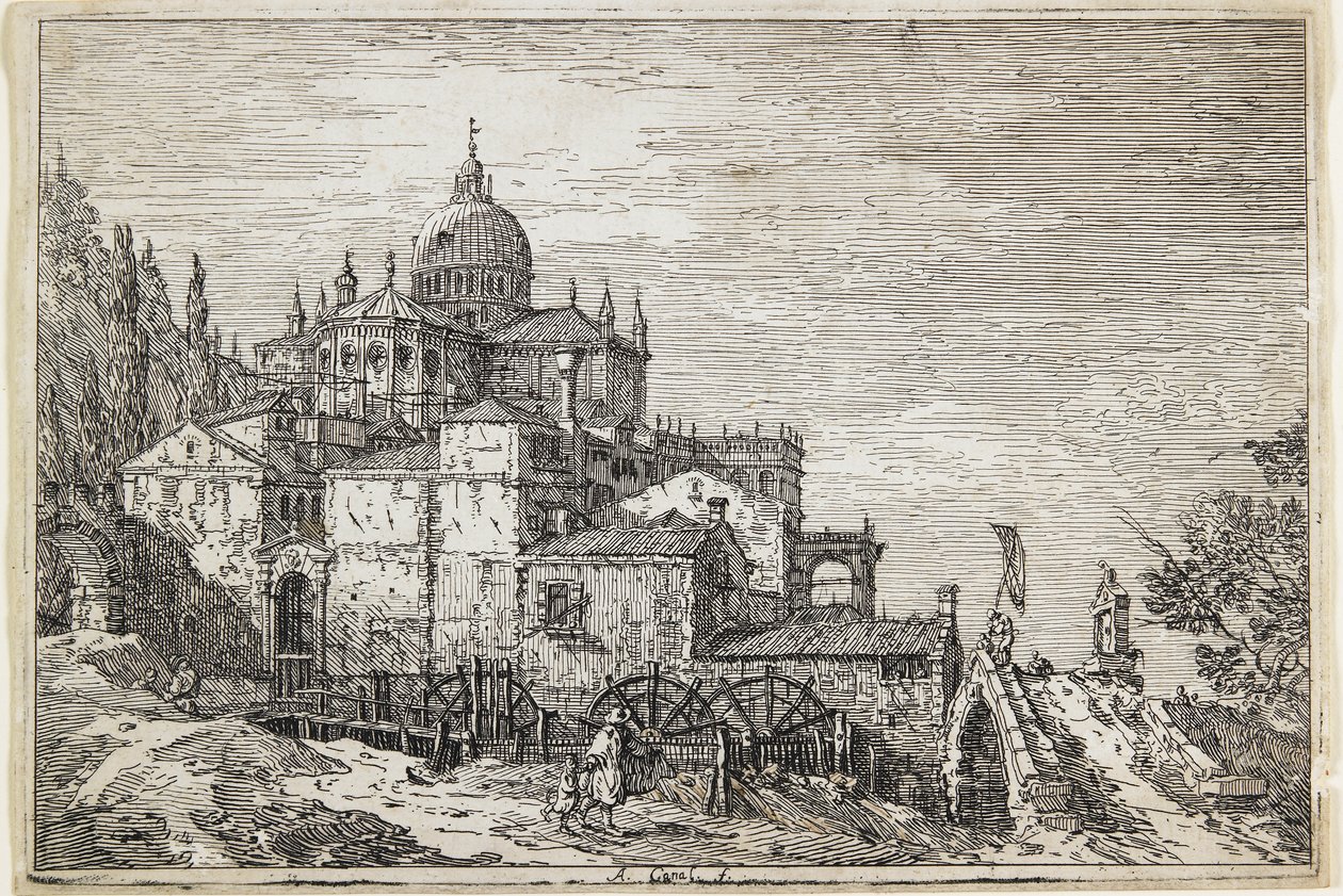 Táj templommal, házakkal és malommal alkotó: Giovanni Antonio Canal