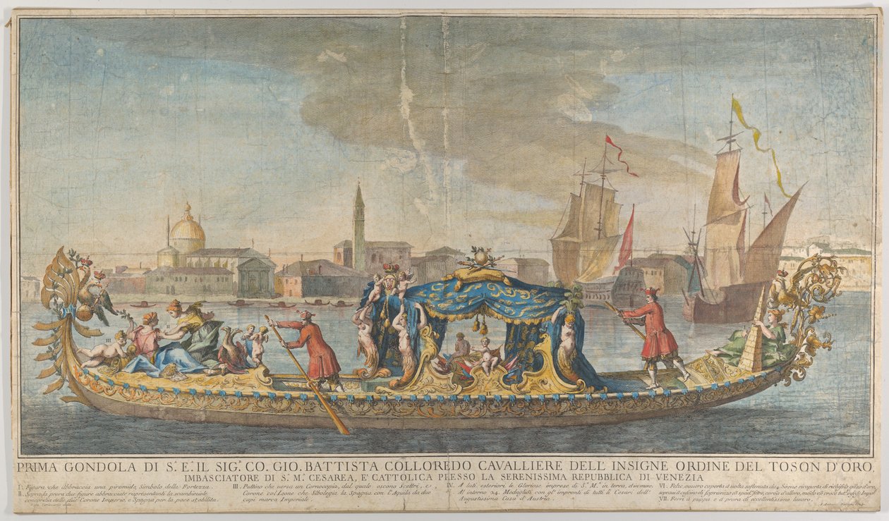 Giovanni Battista Colloreado nagykövet magasan díszített első gondolája belépve..., 1720-30. alkotó: Giovanni Antonio Faldoni