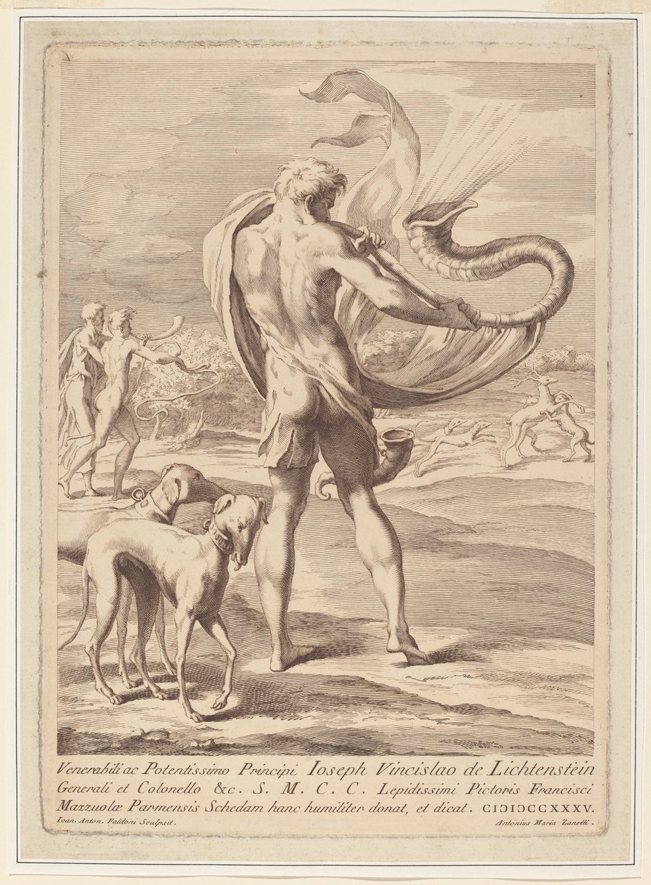 Meztelen férfi kagylót fúj alkotó: Giovanni Antonio Faldoni after Parmigianino