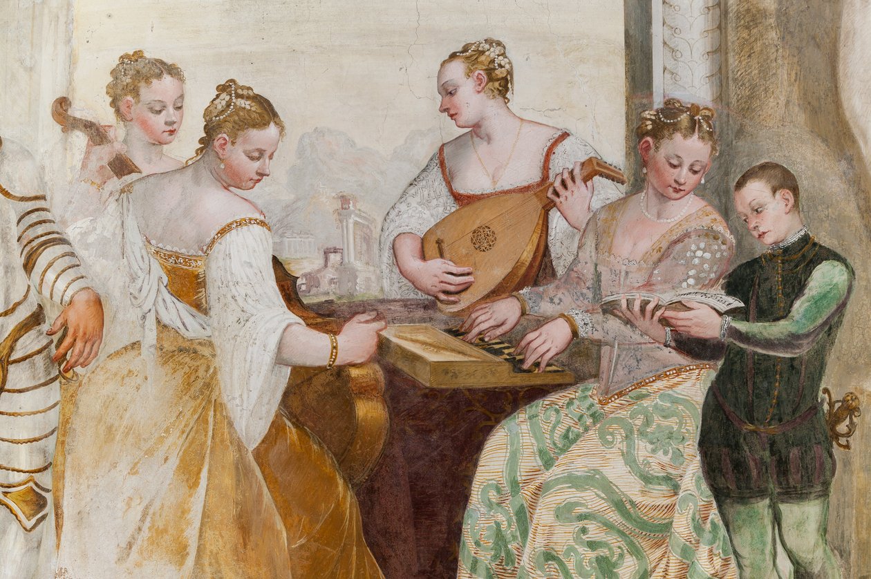 Fiatal fiú és udvarhölgyek, A koncert részlete, Főterem, 1570 körül (freskó) alkotó: Giovanni Antonio Fasolo