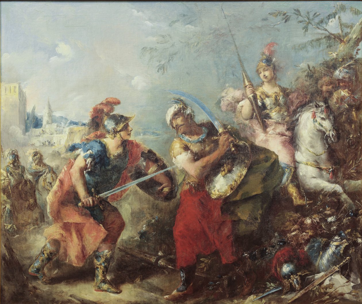 Tancred és Argante harca Clorindával a háttérben alkotó: Giovanni Antonio Guardi
