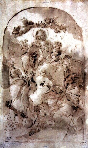 Szűz Mária és gyermeke Szent Domonkos, Szent Teréz és Szent Koribianus, 1745 körül (barna meszelés vörös krétára) alkotó: Giovanni Antonio Guardi