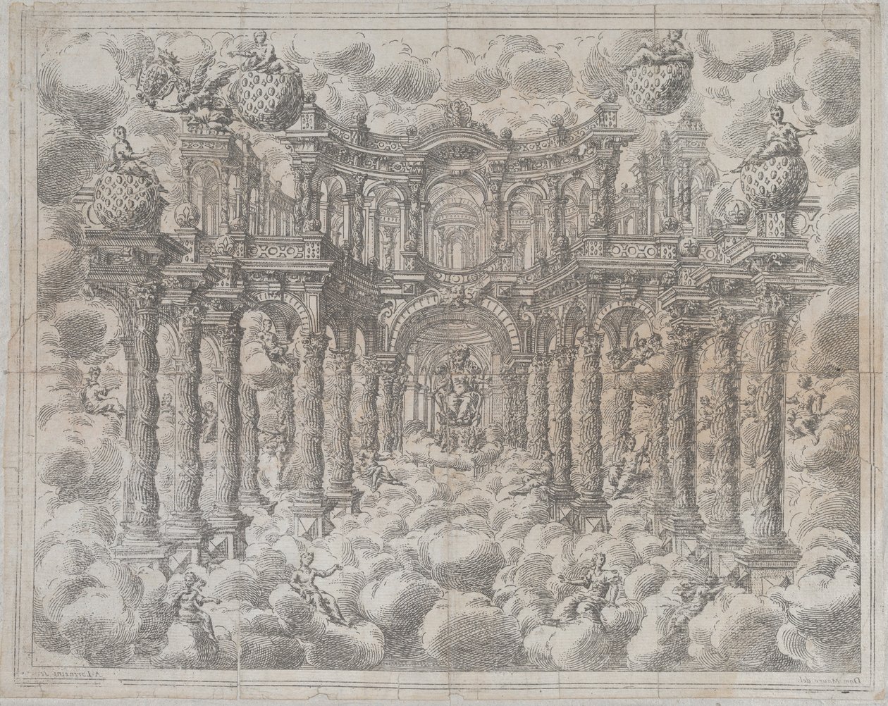 2. tábla [ellenálló]: Színpadi díszlet allegorikus alakokkal a felhők között, egy..., 1690. alkotó: Giovanni Antonio Lorenzini
