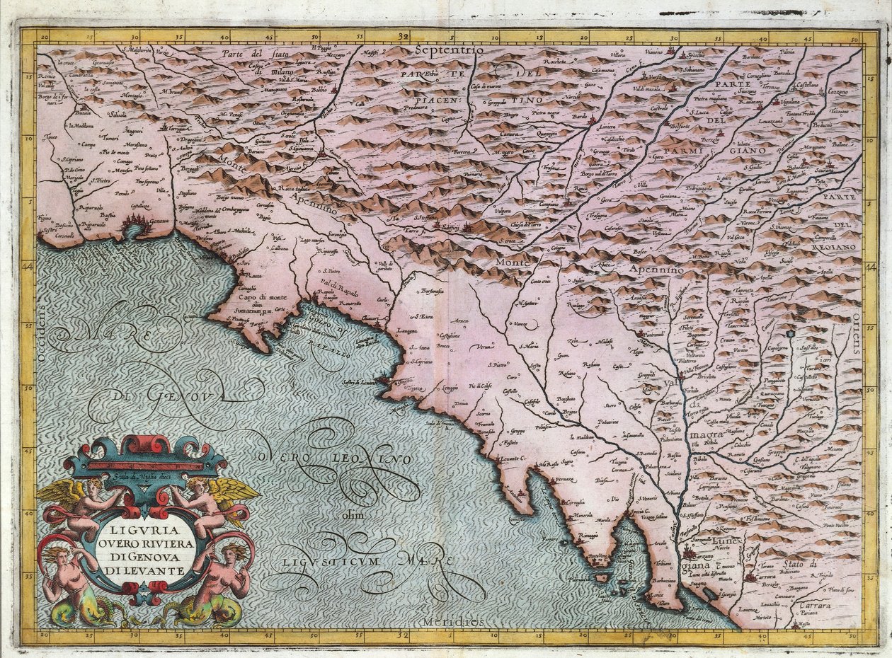 Kelet-Liguria régió térképe, Giovanni Antonio Magini, Bologna, Rézmetszet alkotó: Giovanni Antonio Magini