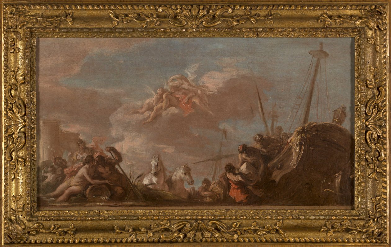 Vázlat a Banque Royale mennyezetéhez: Le Déchargement en bord de Seine de marchandises en provenance de la Louisiane, en 1720 (olaj, vászon (szövés)) alkotó: Giovanni Antonio Pellegrini