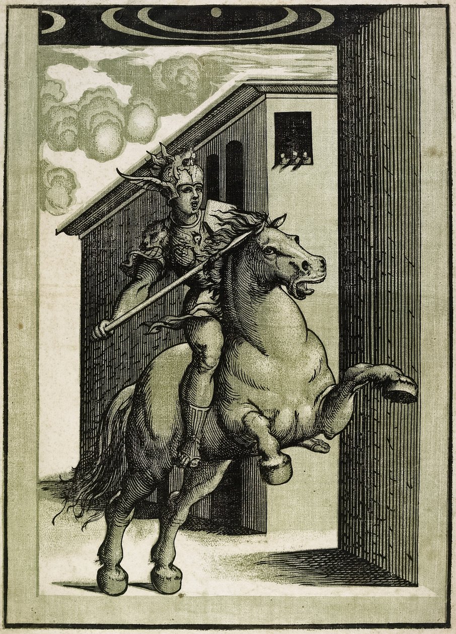Marcus Curtius, 1540 körül (chiaroscuro fametszet 3 tömbből) alkotó: Giovanni Antonio Pordenone